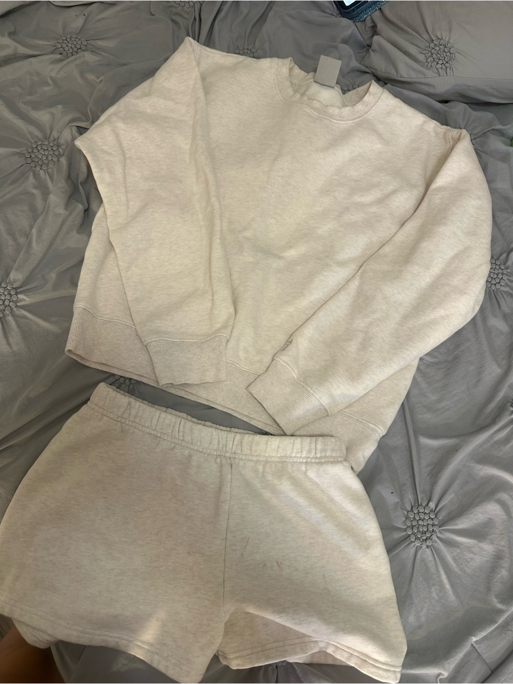 TNA Aritzia Cream/White Crewneck Sweatshirt and Matching Shorts Set